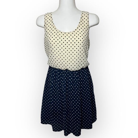 Urban Outfitters Pins and Needles Women's Navy Blue Cream Polka Dot Dress Size L - Picture 1 of 16